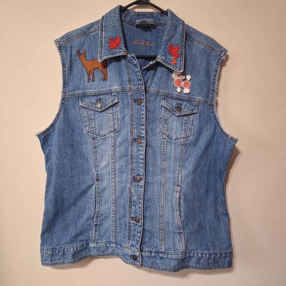 Custom Reworked Vintage Eddie Bauer Denim Vest XXL Patches Poodle Y2K